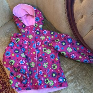 London Fog fleece-lined pink flowered jacket with hood. Size 5.